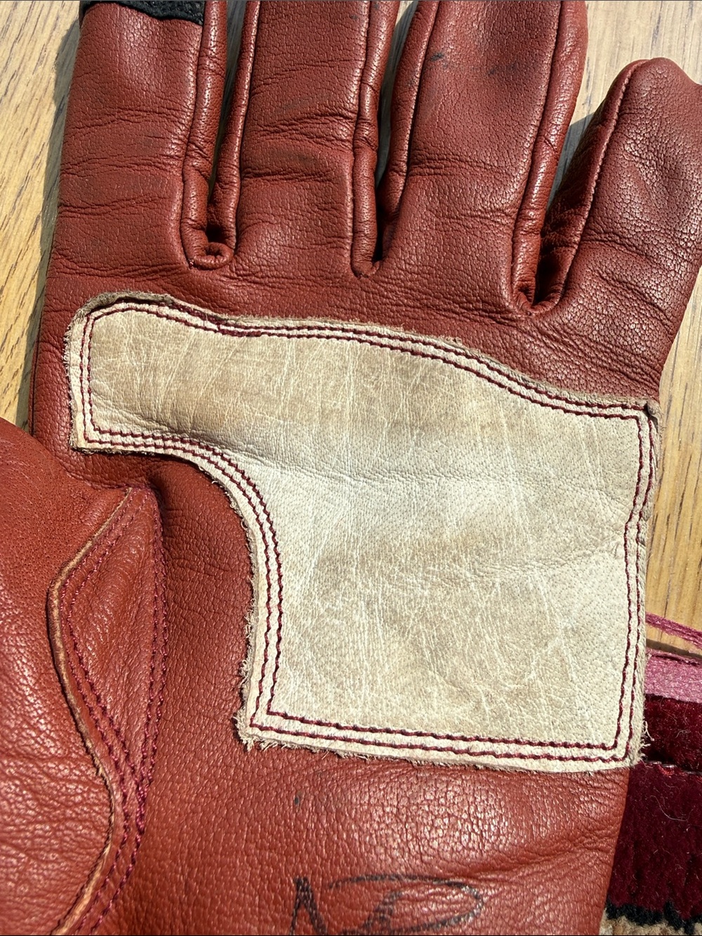 Men's Red Leather Gloves with White Skeleton Stitch Detail - Picture 8 of 9